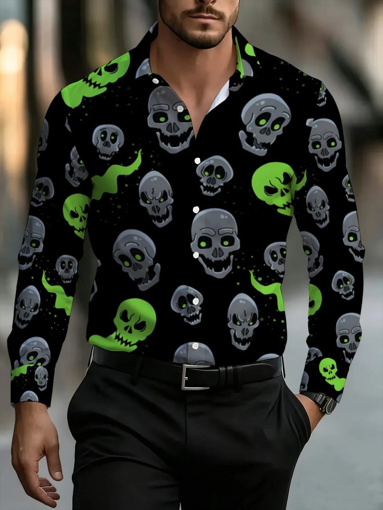 Men Long Sleeve Button Down Shirt Black Halloween Glow‑Effect Green Skull Print Polyester Lapel Collar Party