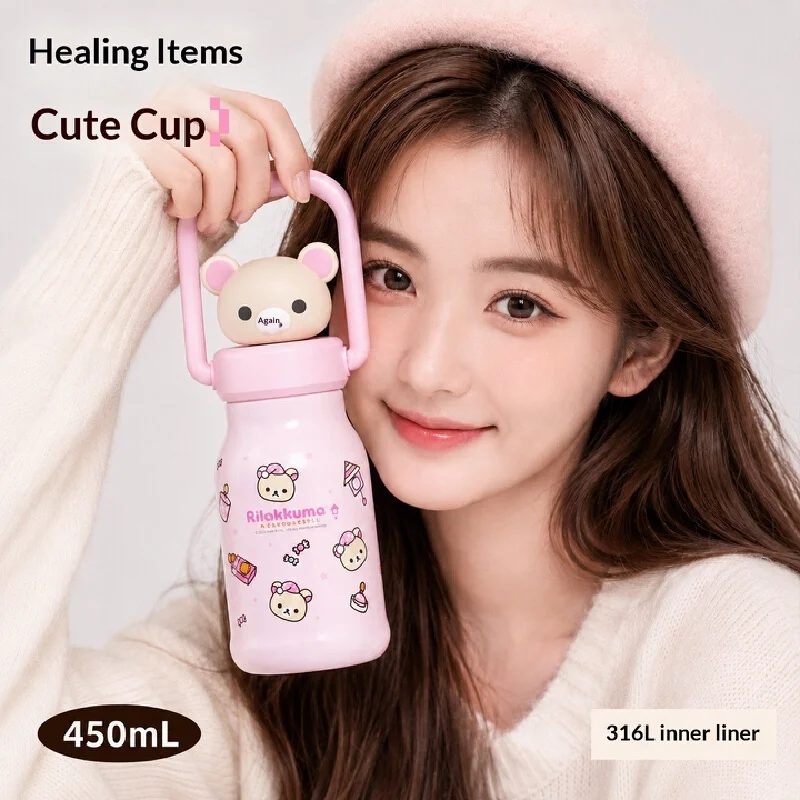 450ml Rilakkuma Thermos Cup 316 Stainless Steel Straw Cup Water Cup Portable Handhold Insulated Cup For Home Office Holiday Gift