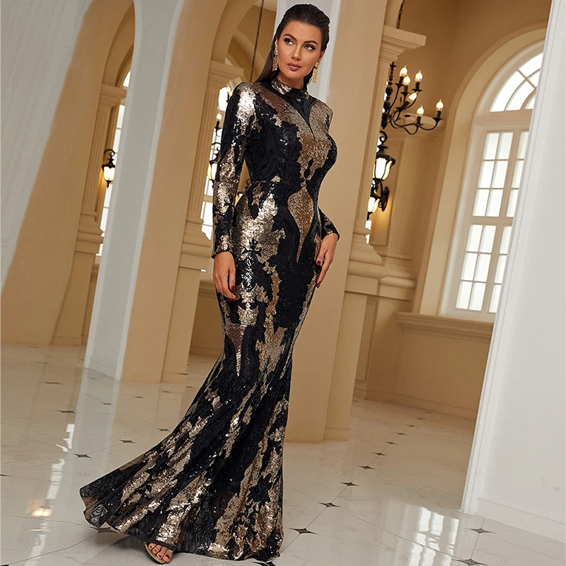 Women Elegant 2024 luxury Long Sleeve O Neck Black Gold Sequined Cocktail Prom Formal Occasion Evening Party Long Maxi Dresses