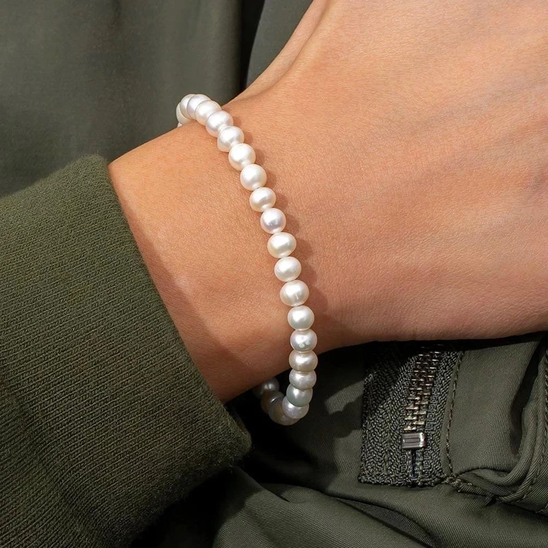 Fashion New Imitation Pearl Bracelet Men Vintage Handmade Width 6/8/10mm Bead Bracelet For Men Jewelry Gift