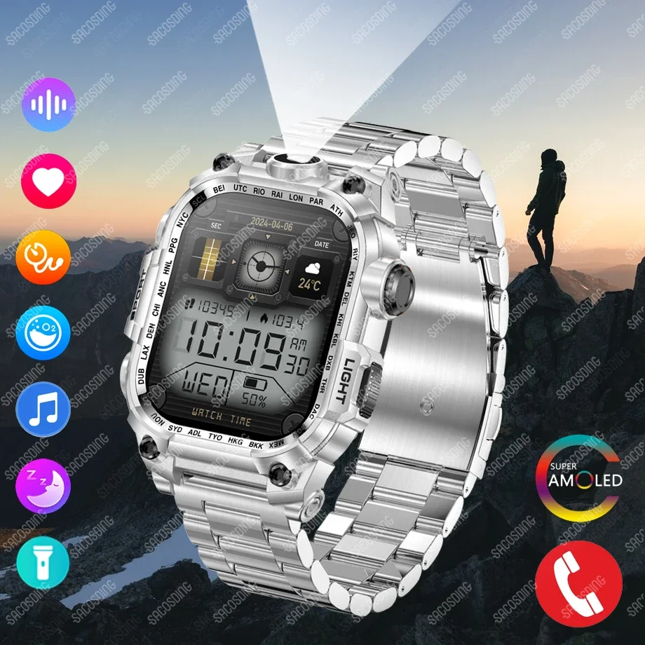 NEW Military Men's Smart Watch Outdoor Flashlight Smartwatch Sport Fitness Tracker Blood Oxygen Monitoring Women Watches Android