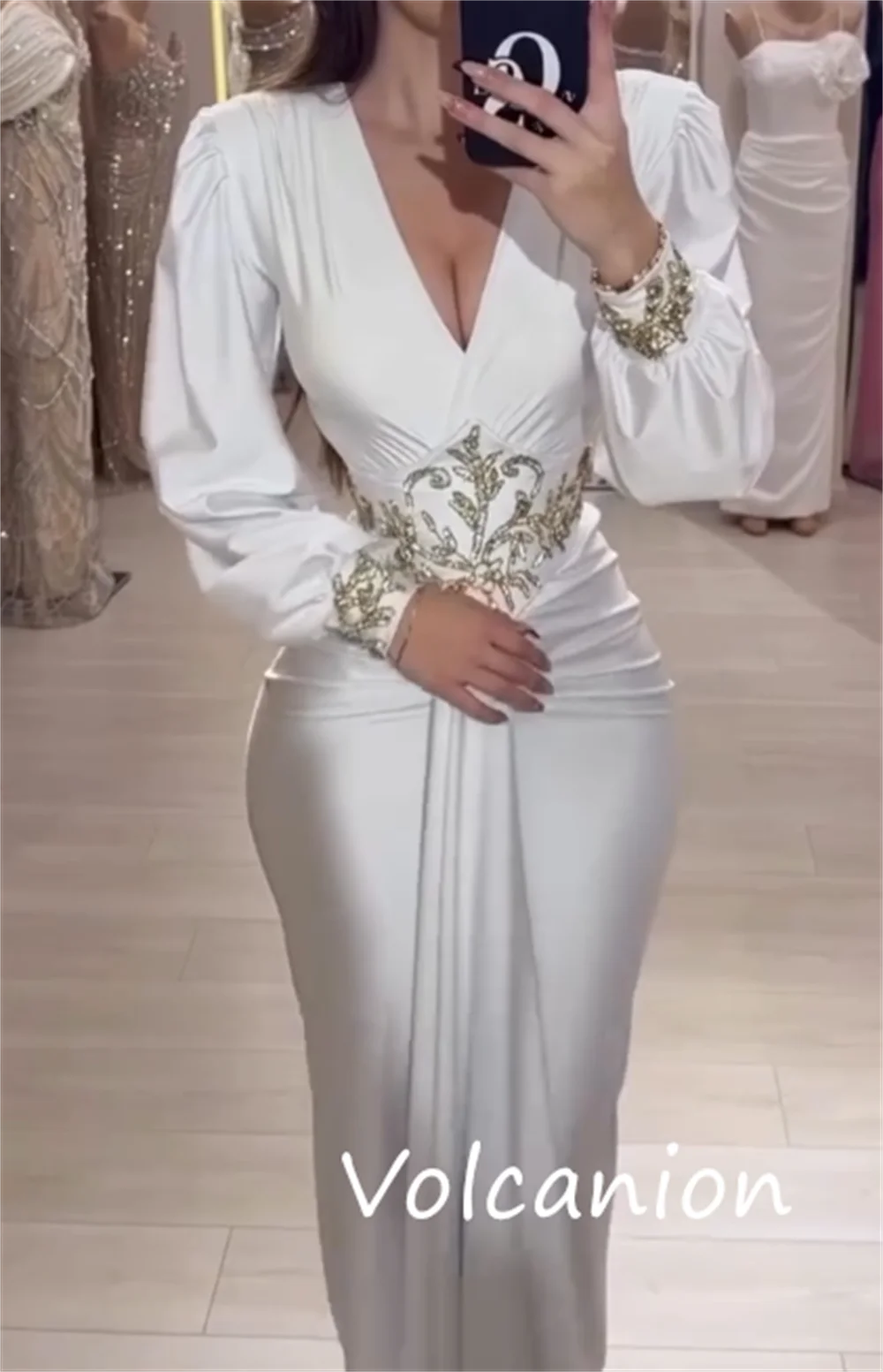 Customized Chinese Style Charmeuse Sequined Pleat Straight V-neck Long Dresses Bespoke Occasion Exquisite