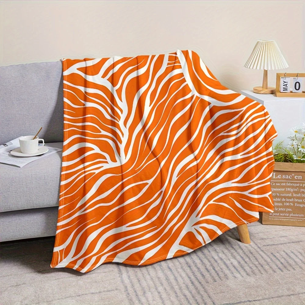 Orange White Abstract Wavy Line Zebra Texture Print Soft Flannel Blanket Modern Minimalist Throw for Sofa Bedroom Home Use