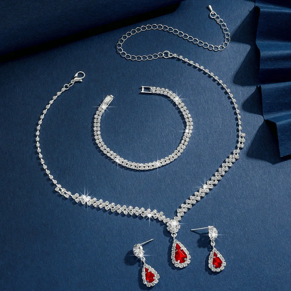 

Alloy Necklace Earnail Set Shiny Korean Style Bridal Jewelry Set Round Droplet Blue Wedding Rhinestone Set Birthday