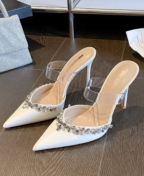 

Новый дизайн с ощущением темперамента, белые босоножки, женские тонкие каблуки, остроконечные тапочки, носки, высокие каблуки со стразами.