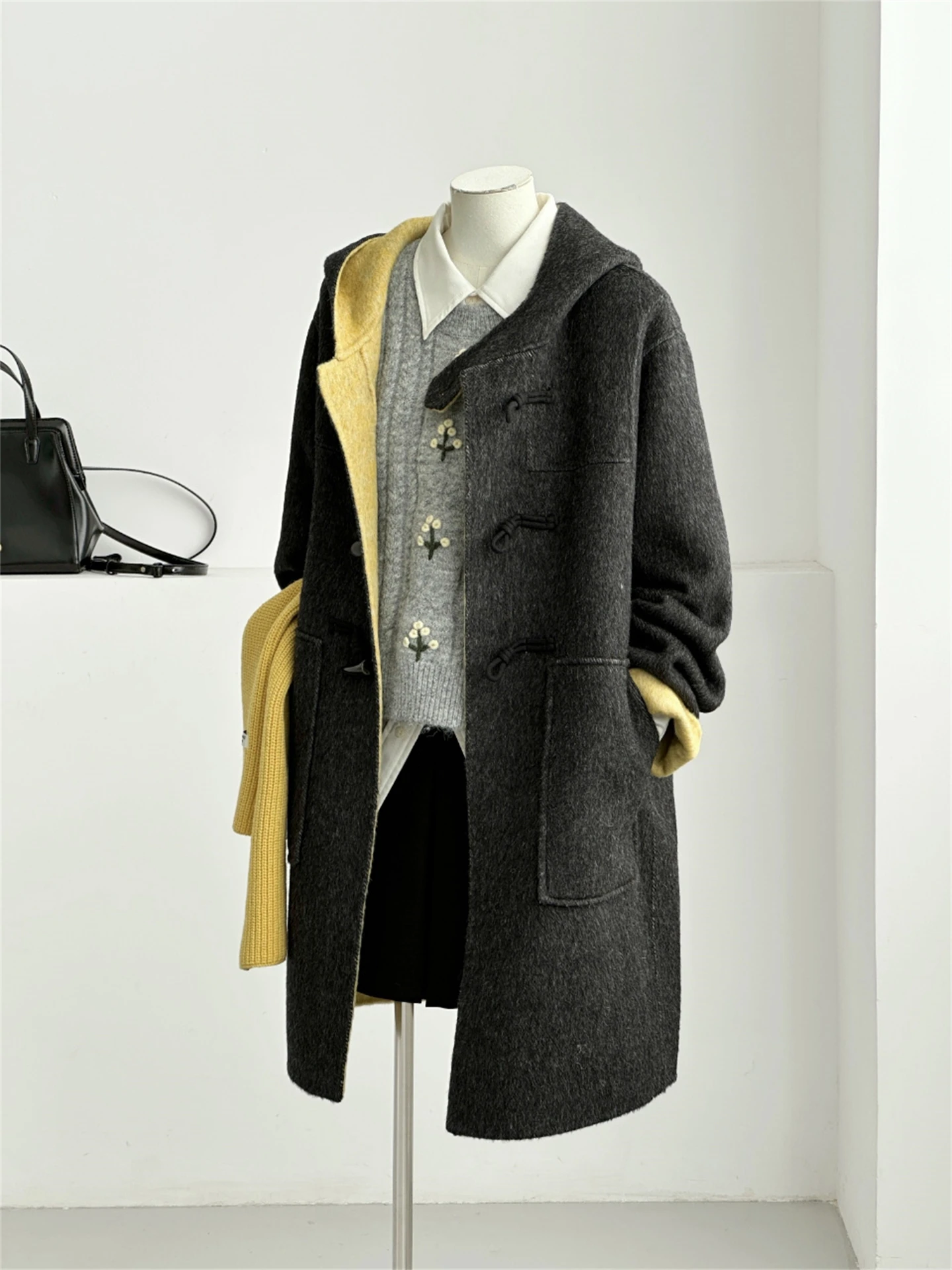 Double-Faced Woolen Coat Women's Casual Loose Fit Double Breasted Button Hooded Mid-Length Age-Defying Woolen Outerwear