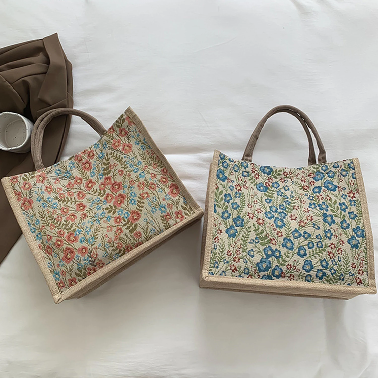 

Женская винтажная Сумка-тоут из хлопка и льна, многоразовый вместительный саквояж на плечо с цветочным узором и вышивкой, 1 шт.