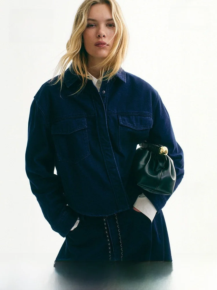 

H&M Summer New Women's Denim Shirt Casual Style Long Sleeve Button Detail Cotton Polyester Blend Comfortable Fit Women's Shirt