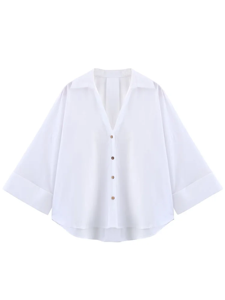 HXAO Camicie e camicette con bottoni Donna Pieghe a maniche corte Camicetta bianca blu marrone Donna Summer Street Style Top oversize