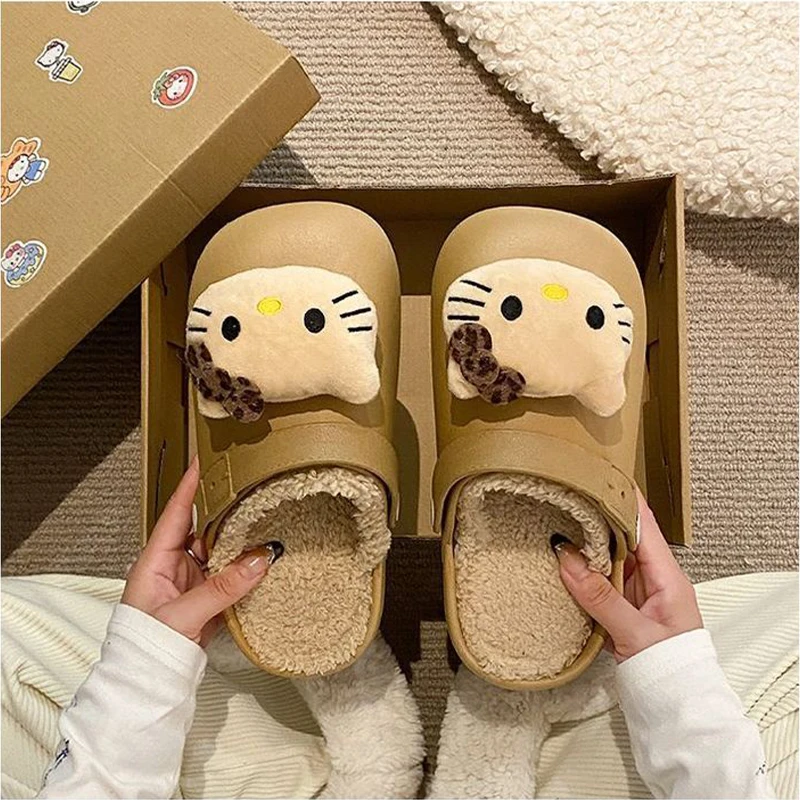 

Kawaii Hello Kitty Cotton Slippers Girls Thick Sole Slip Resistant Winter Warmth Fleece Lining Perfect Outdoors Home Cute Gift