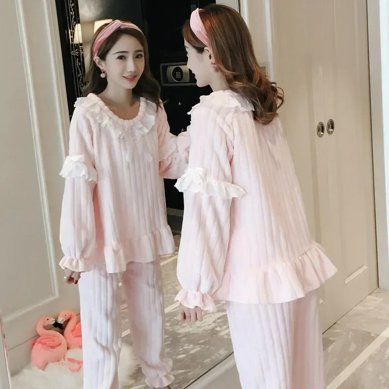 Sweet Bow Design Women Winter Pajama Sets Cute Fleece Velvet Warm Sleepwear Girls Solid Soft Home Wear Lovely Thick Nightwear