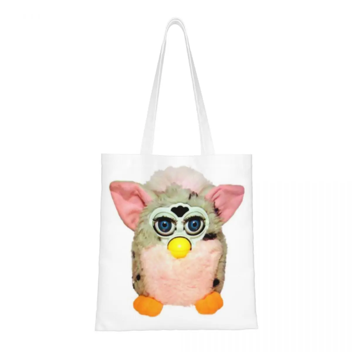 Custom Kawaii Leopard Furbys Cartoon Robot Toys Shopping Tote Bags Reusable Canvas Grocery Shoulder Shopper Bag