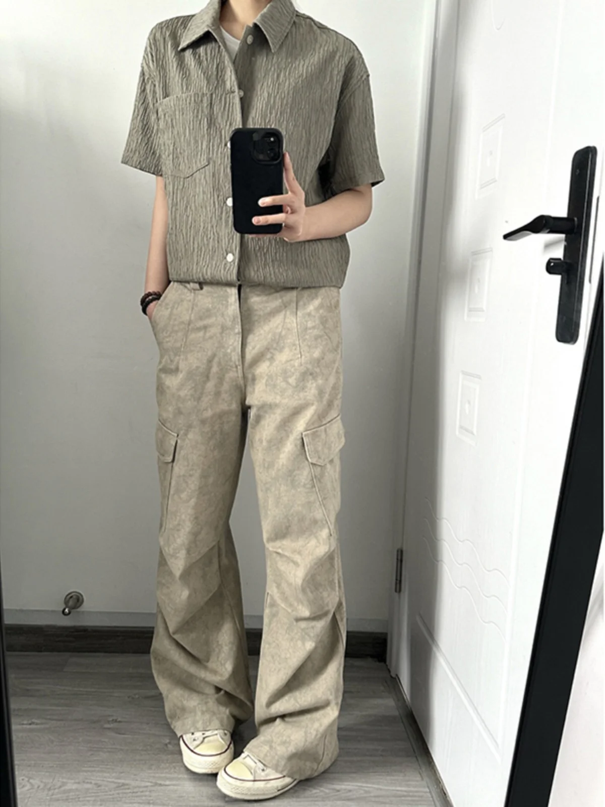 

Marble Pattern Pleated Workwear Pants Men's Summer American Casual Paratrooper Pants High Street Vibe Flared Straight Leg Pants