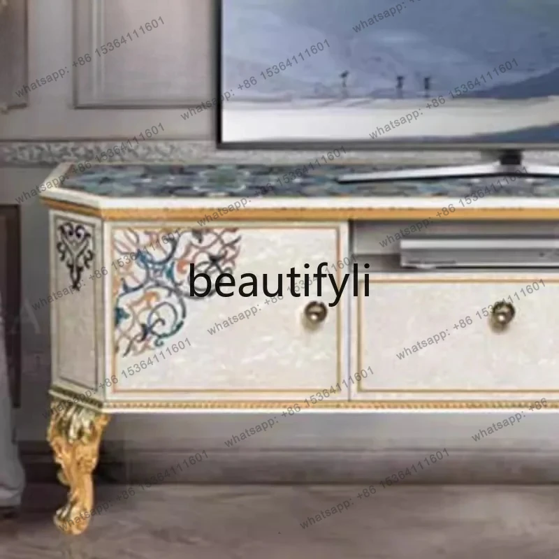 French solid wood carving flower TV cabinet palace shell parquet paint floor cabinet
