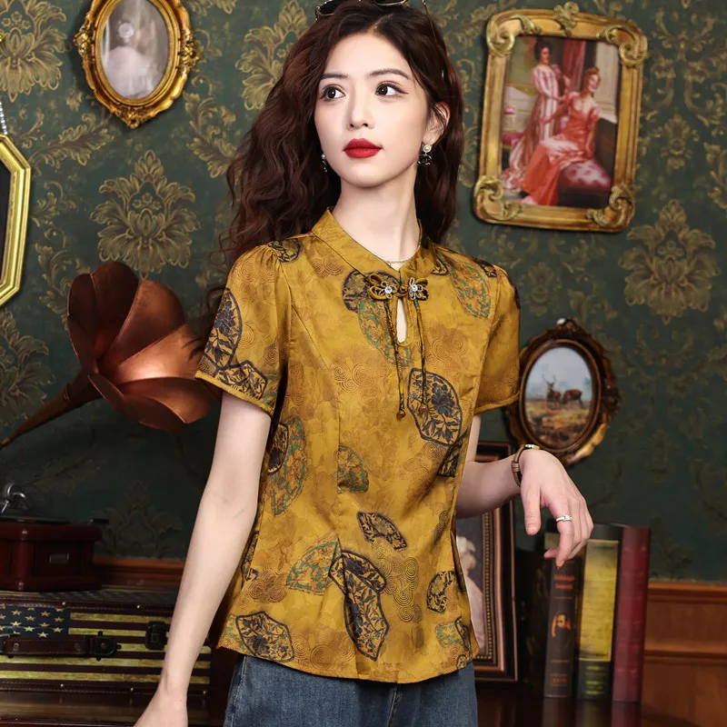 

Miiiix New Chinese Fashion Printed Shirt 2024 Summer Women's New High End Slim Fit Short Sleeved Shirt Top Female Clothing