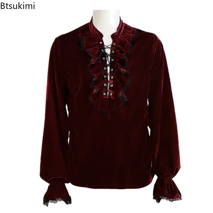 2026 Medieval Gothic Mens Velvet Shirt Autumn Long Sleeve Lace Up Retro Velour Loose Shirt Cosplay Party Stage Prince Costume