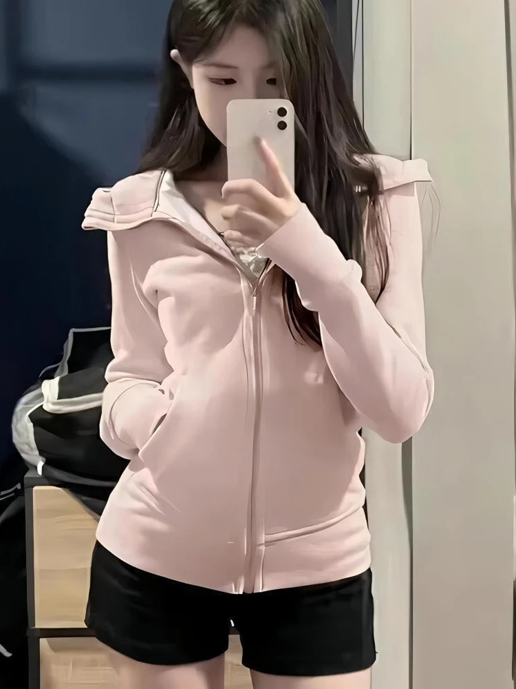 Ciemnoszara bluza z kapturem na zamek błyskawiczny w stylu amerykańskim, damska, jesienno-zimowa, sportowa, codzienna odzież uliczna, dopasowany krój, nowa kurtka/top.