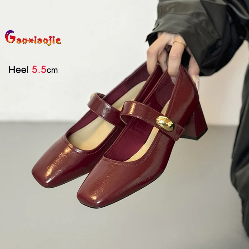 

2026 New Crimson Mary Jane Shoes For Woman PU leather Summer 5.5CM High Heels Square Toe Shallow Versatile Outdoors Womens Pumps