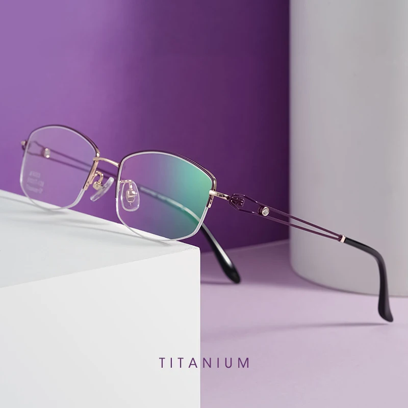 Pure Titanium Frame Glasses Half Rimless Rim Eye Glasses Women Spring Hinges ShortSighted Oculos De Grau Spectacles BV6003