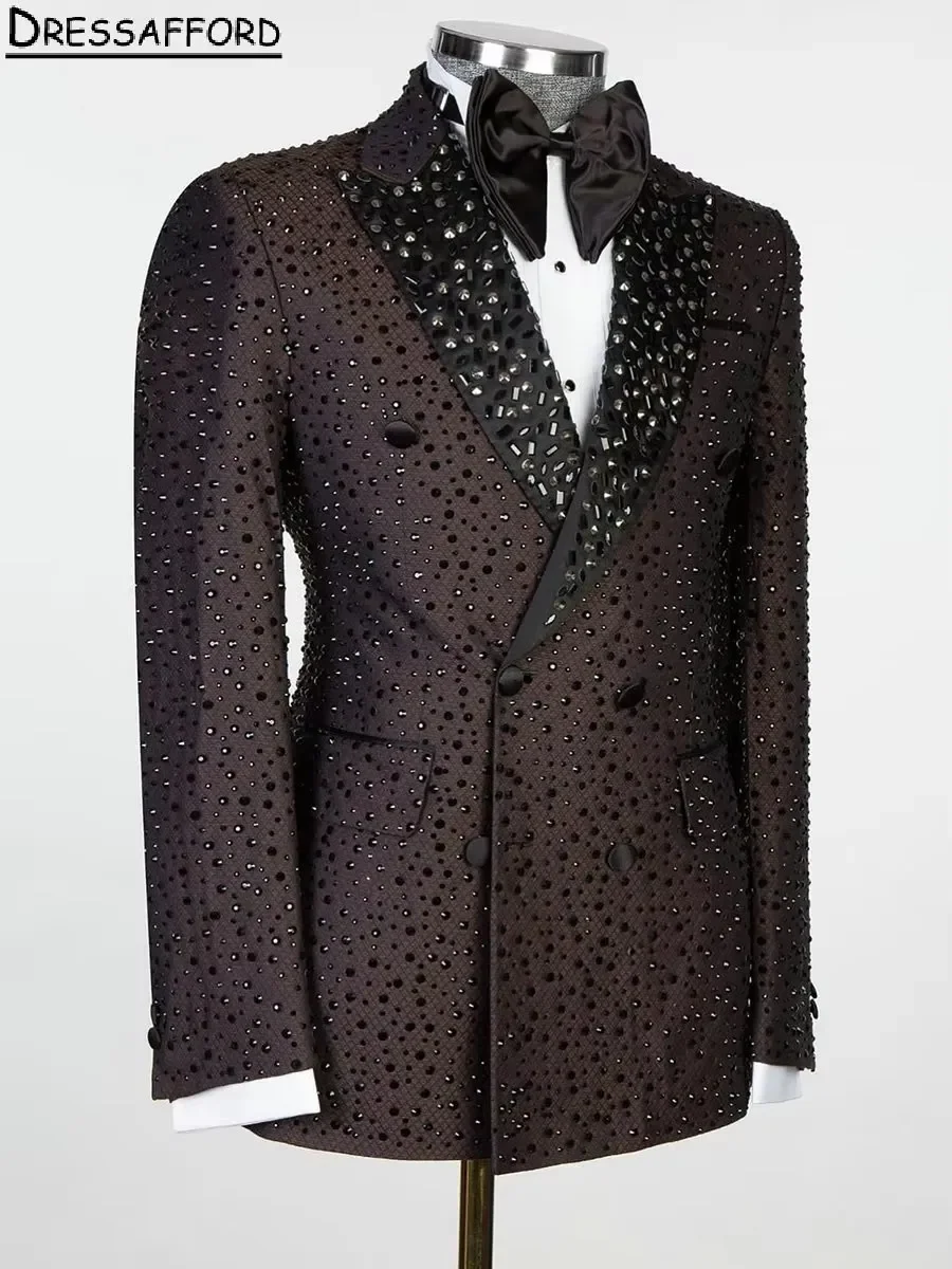 Blazer masculino com glitter de cristal, roupa do noivo, jaqueta e calça, roupas de festa noturna, 2 peças