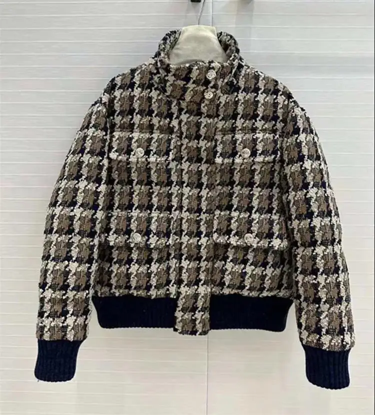 Europe and the United States women's 2024 winter new Stand collar Long sleeve tweed plaid Fashion down jacket