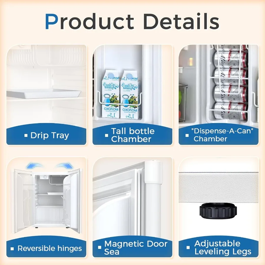 ミニコンパクト冷蔵庫 冷凍庫付き 2.6立方フィート シングルドア調節可能な取り外し可能な棚 アパート寮オフィス用 ホワイト
