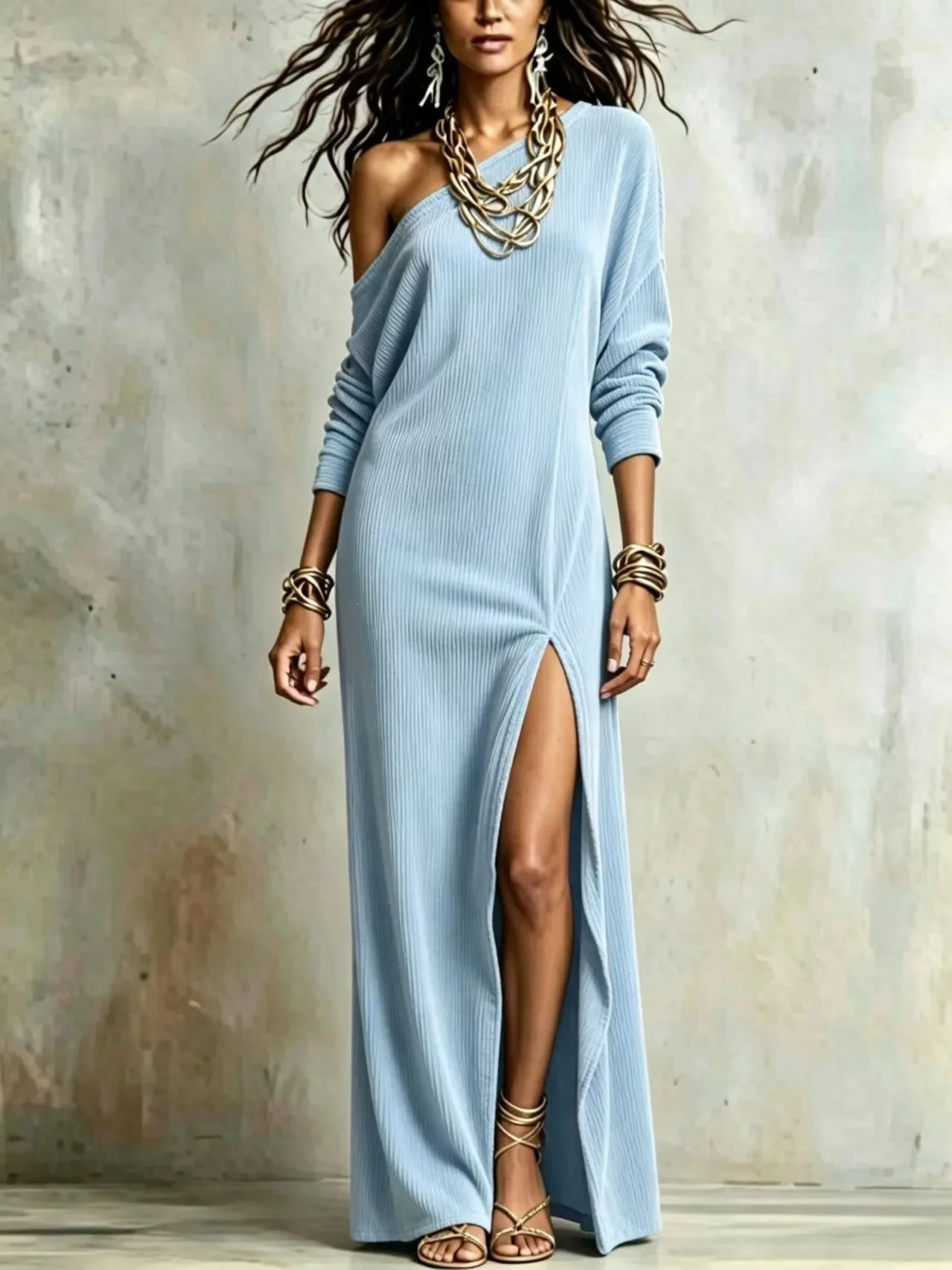 Ladies Loose Rib Knit Long Maxi Dress One Shoulder Long Sleeve Front High Slit Casual Party Dress