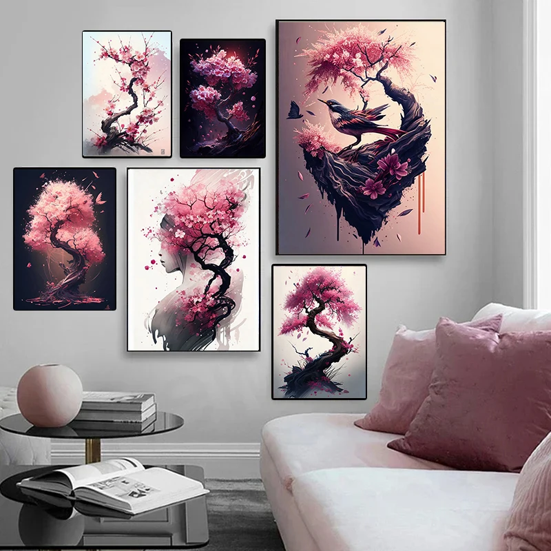 Japanese Sakura Wall Art Poster Print Canvas Painting Pink Watercolor Cherry Blossom Aesthetic Pictures for Living Room Decor