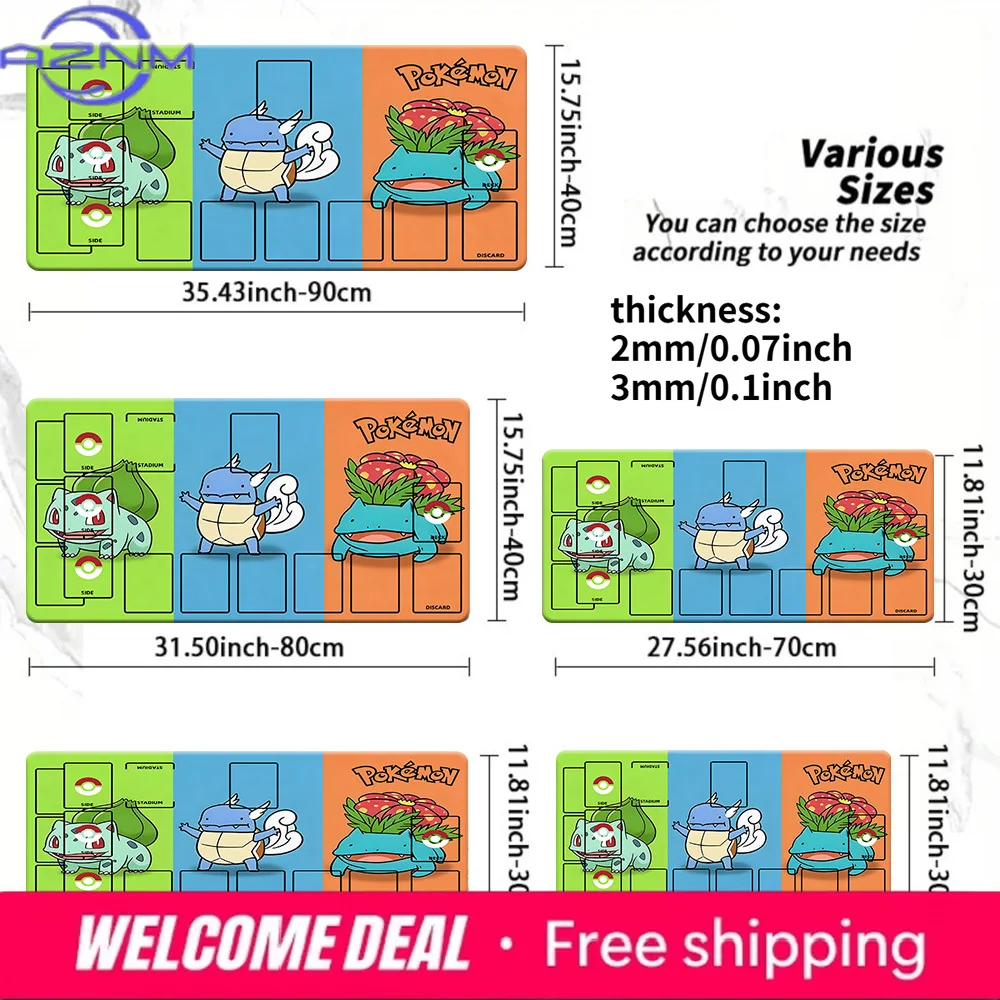 Pokemon Kanto Starter Trio Funny TCG Playmat, Anime Trading Card Game Mat with Zones, 2mm/3mm Thick Non-Slip Mouse Pad for CCG M