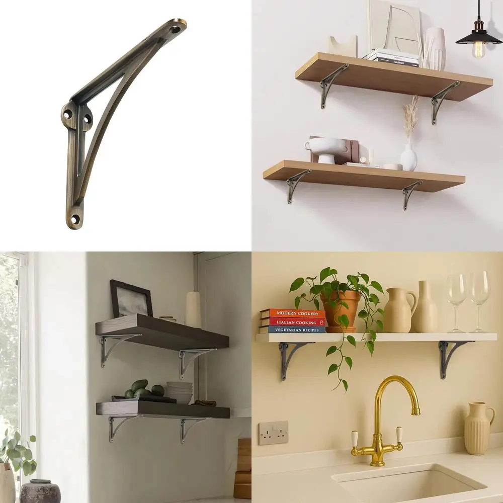 

7-inch Solid Brass Wall-Mounted Shelf Brackets, 2-Pack Antique Brass Vintage Style Decorative Brackets for Home Shelving