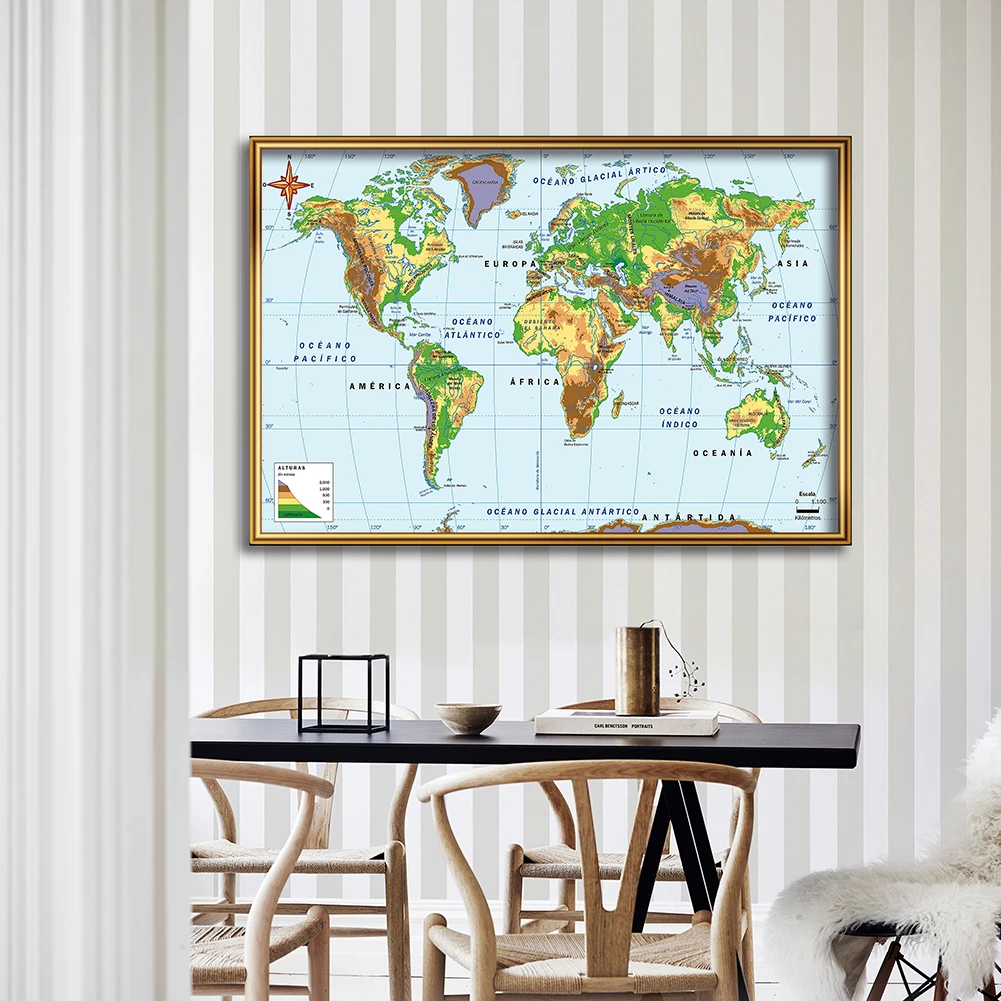 Non-Woven Canvas Pintura Wall Art Poster do Mundo, Mapa Orográfico em Espanhol, Casa e Decoração de Escritório, Material Escolar, 150*100cm