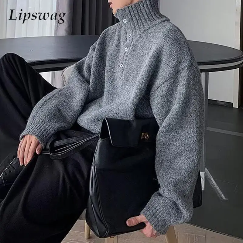 

Vintage Knitting Turtleneck Sweaters Mens Stylish Solid Color Buttoned Long Sleeve Button Jumpers Men Fall Winter Casual Sweater