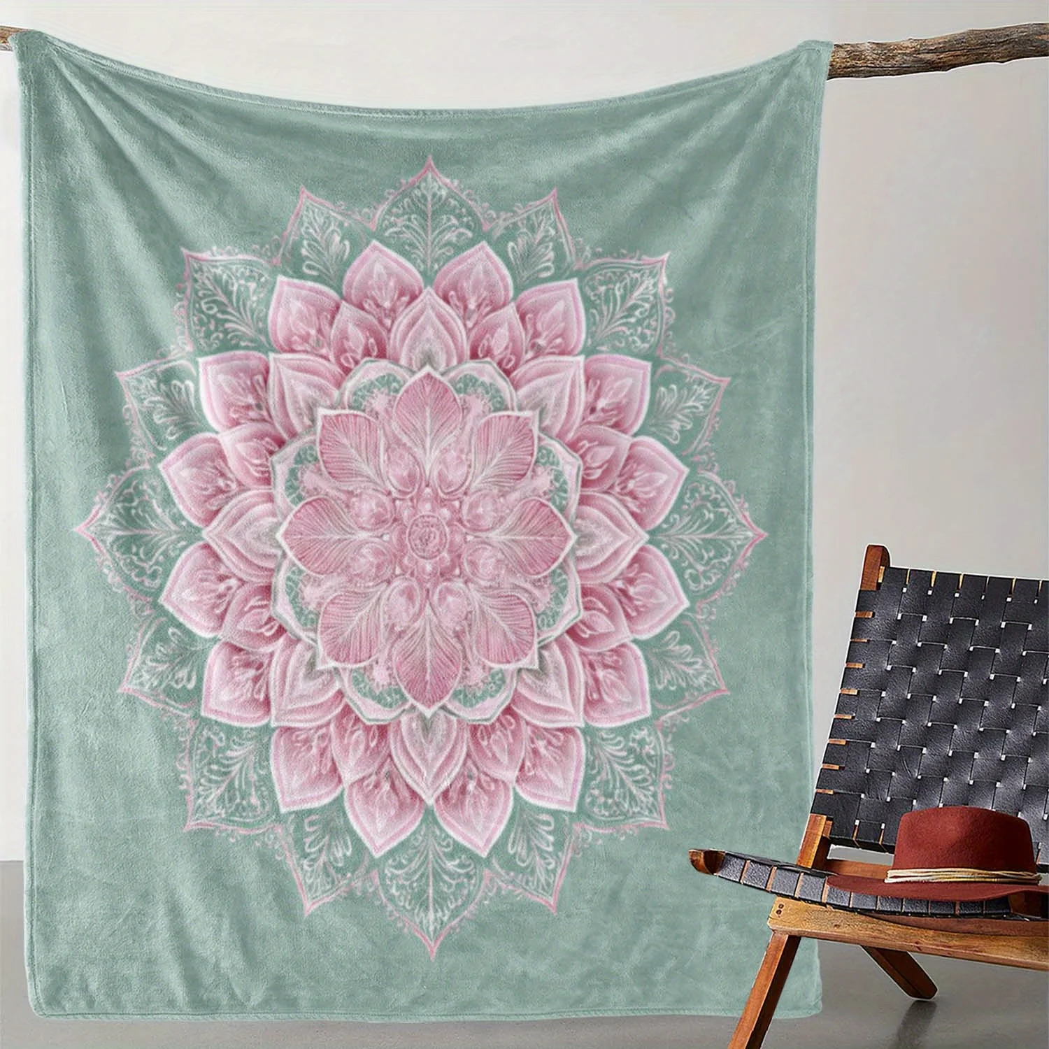 Elegant Pink Lotus Mandala Mint Green Base Print Blanket, Light Flannel Throw Couch Room,Boho Spiritual Meditation Daily Blanket