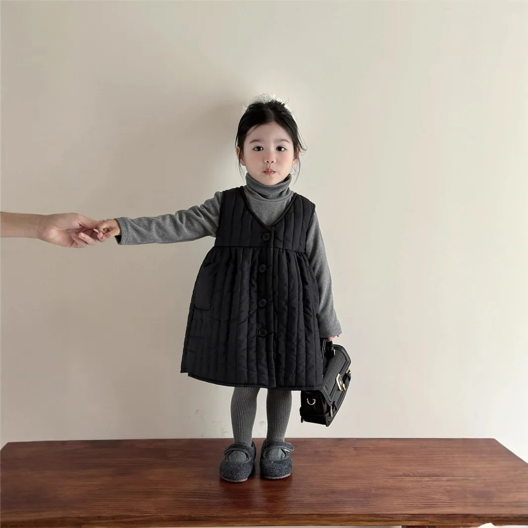 Korean Children's Clothing Girls Autumn and Winter Black Quilted Vest Skirt Princess Skirt High Neck Inner Single Shot