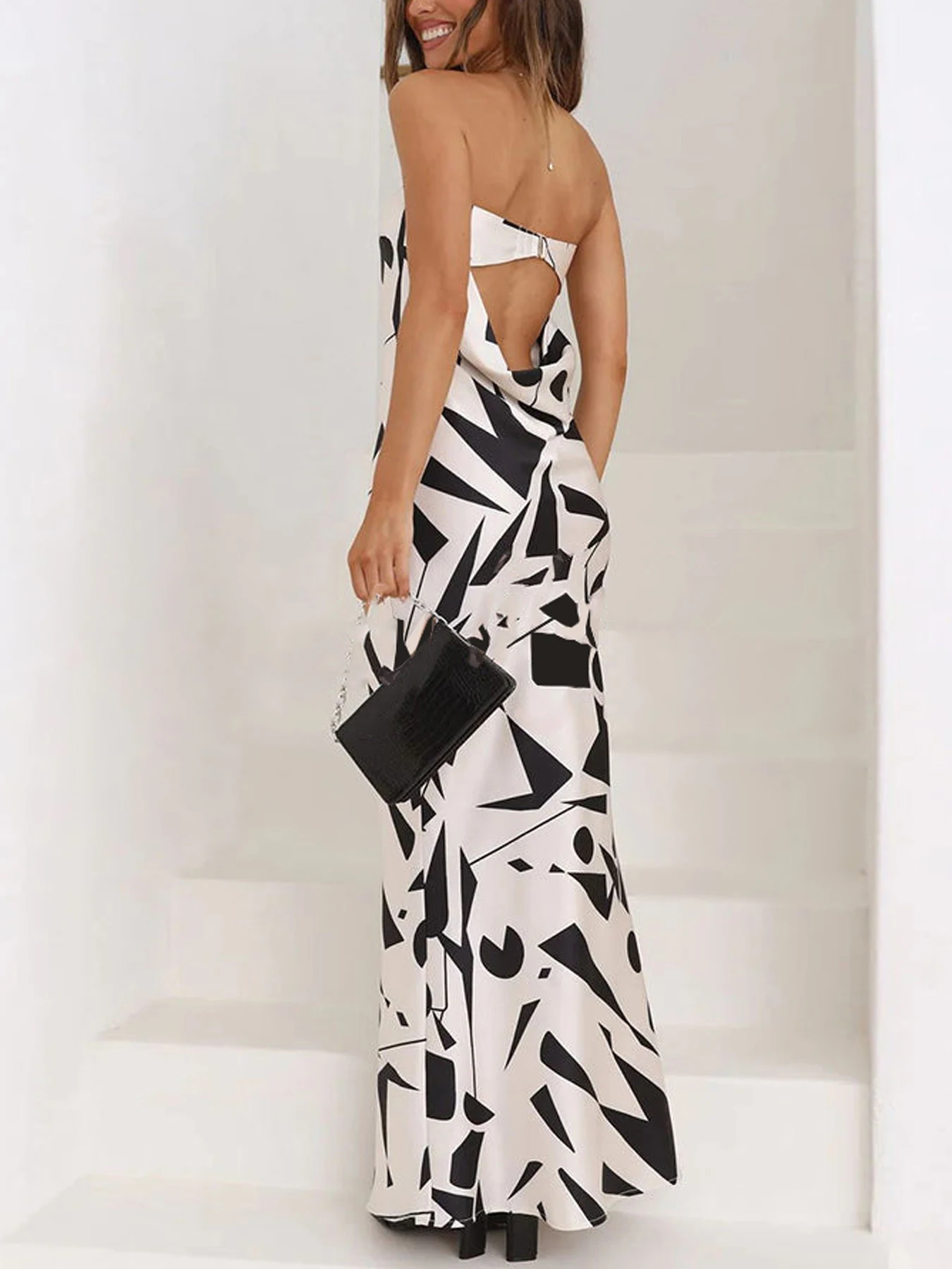 Spring and Summer New Elegant Women's Fashion Design Black and White Graphic Print Dress, Elegant Slim-Fit Strapless Dress with Hollow Back