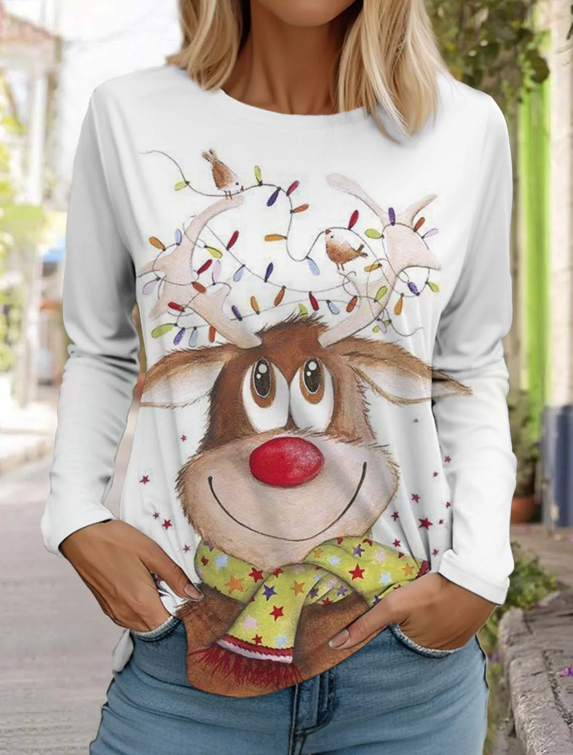 Christmas Moose Women's Long Sleeved T-shirt Casual Holiday Fashion Autumn Holiday gifts Tops Harajuku Clothing Women's Clothing