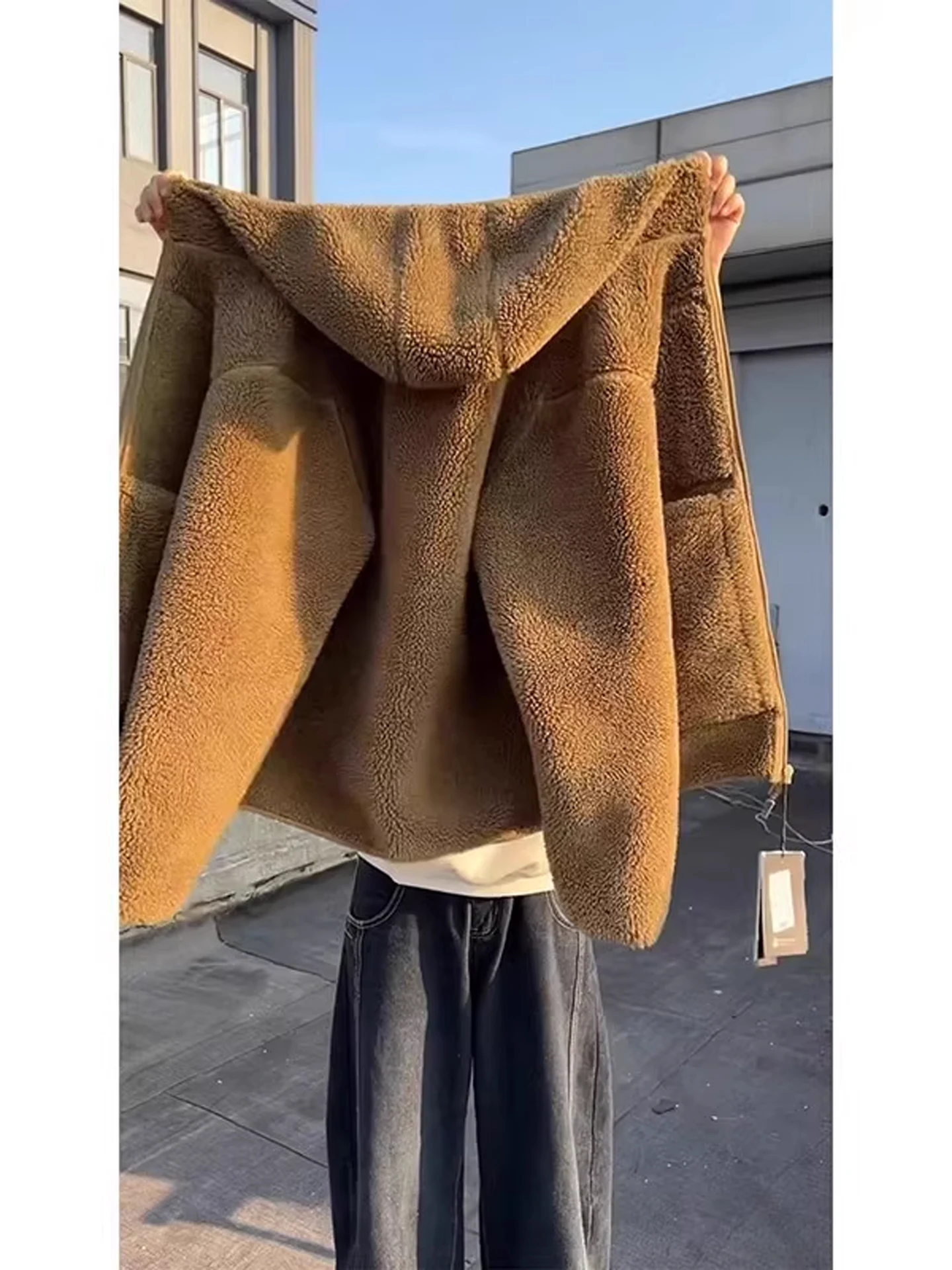 

i Color Lamb Fur Cotton Men's Winter Fce Lined Warm Hoodie Lazy Sle Fce Open Cardigan Outerwear Hooded Jaet