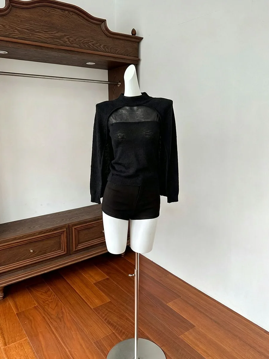 Women's Knitted Shawl Coat Casual Style High Waist Fake Two-Piece Semi-High Collar Transparent Black Top Thinming Versatile