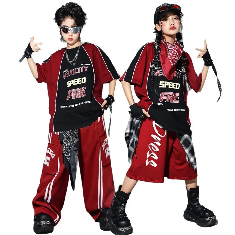 

Детские модные костюмы для джазовых танцев в стиле хип-хоп, футболка, шорты, комплект одежды для мальчиков и девочек, хип-хоп, уличный стиль, костюм, сценическая одежда
