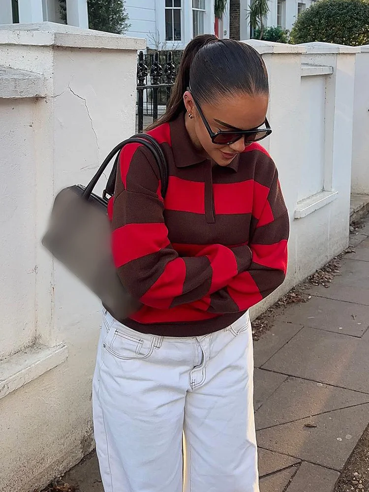 HH Woman Fashion Streetwear Loose Lazy 2-color Polo Collar Stripe Knitted Sweater Women Autumn Slim Long Sleeve Pullover Top