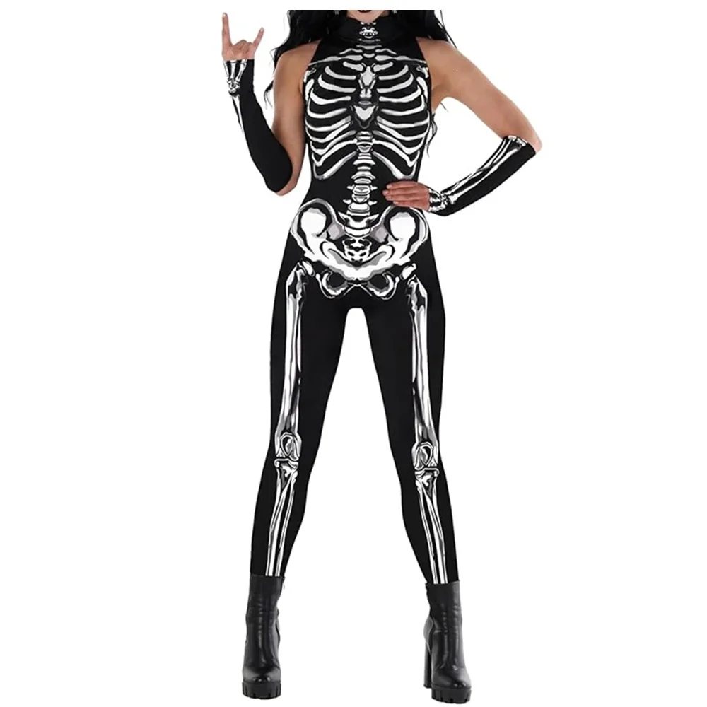 Skelett-Knochen Damen Ärmelloser Jumpsuit mit Skelett-Langhandschuhen Kleid für Party Cosplay Bühnenauftritt Bodysuit Kostüm – Detail 3