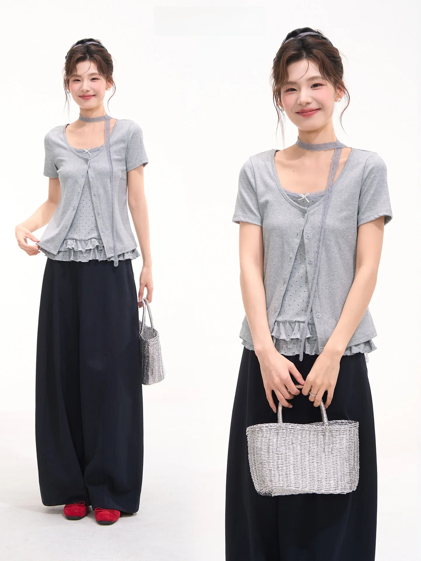 

Летний комплект из двух предметов: топ-халтер с кружевной отделкой в горошек и футболка с коротким рукавом в стиле принцессы, стандартный крой, китайское производство