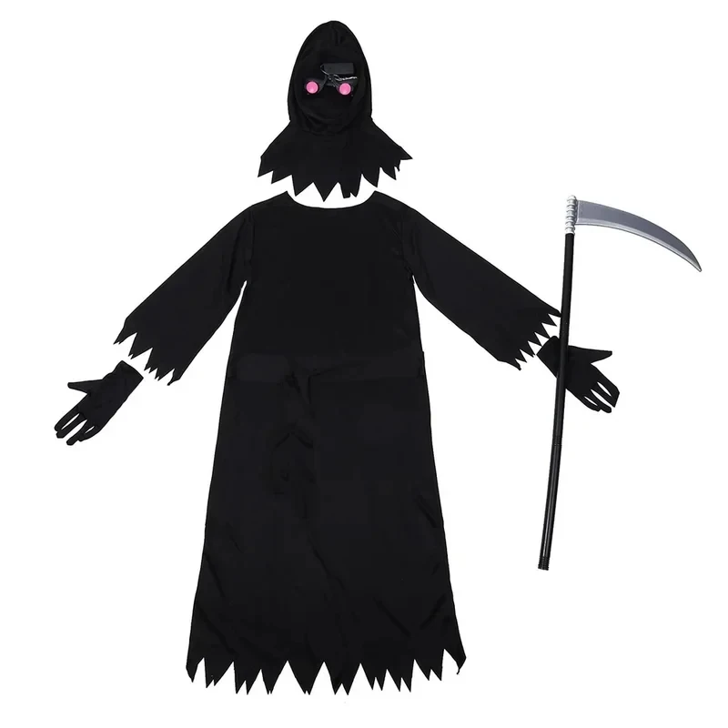ABC123Sydanne Kids Horror Death Dress Jumpsuit Red Luminous Glasses Sickle Black Robe Grim Reaper Cosplay Costume Hals,3'f.5;j.8 view 2