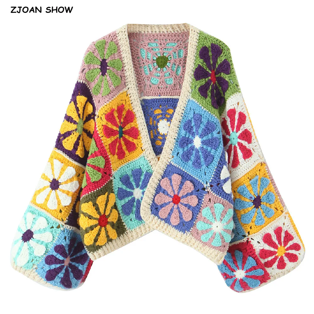 

2025 Autumn BOHO Floral Plaid Hand Mand Crochet Cardigan Ethnic Woman No Button Front Full Sleeve Sweater Short Knitwear Jumper