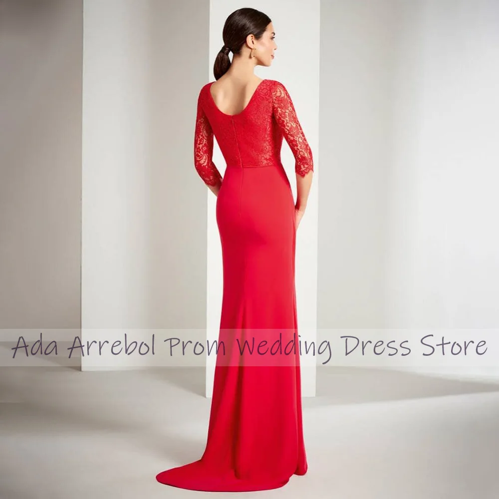 Formal Evening Dresses for Women Red Lace Scoop Mermaid Evening Gowns Long 3/4 Sleeves Ruched Trumpet Elegant Wedding Party Gown