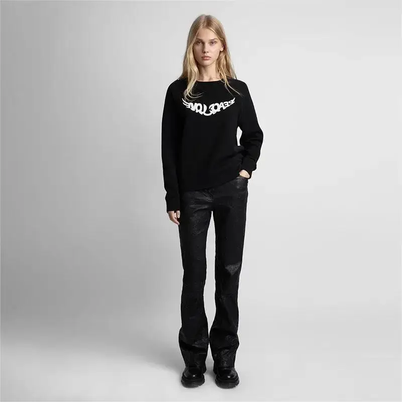 Zadig Bluza damska Casual Black Chic Peace Love Wings Print Pullover Tops Kobiece bawełniane klasyczne bluzy z długim rękawem