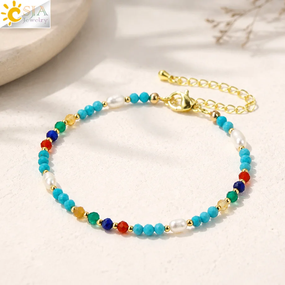 CSJA Mini Natural Pearl Bracelet Faceted Turquoise Beaded Bracelets for Women Friendship Balance Anxiety Jewelry Gifts H943