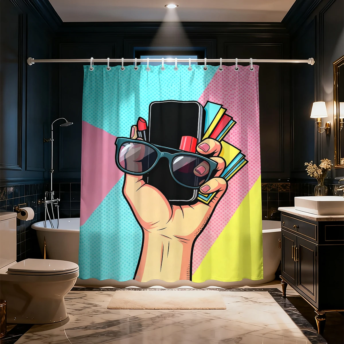 1pc Hand Shower Print Shower Curtain, Multi Size Bathroom Partition Privacy Hanging Curtain, Fashionable Home Decoration
