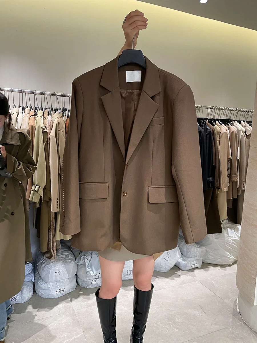 

Кофейный повседневный женский пиджак свободного кроя с подплечниками, на одной пуговице, в британском винтажном стиле, весенний, с длинными рукавами