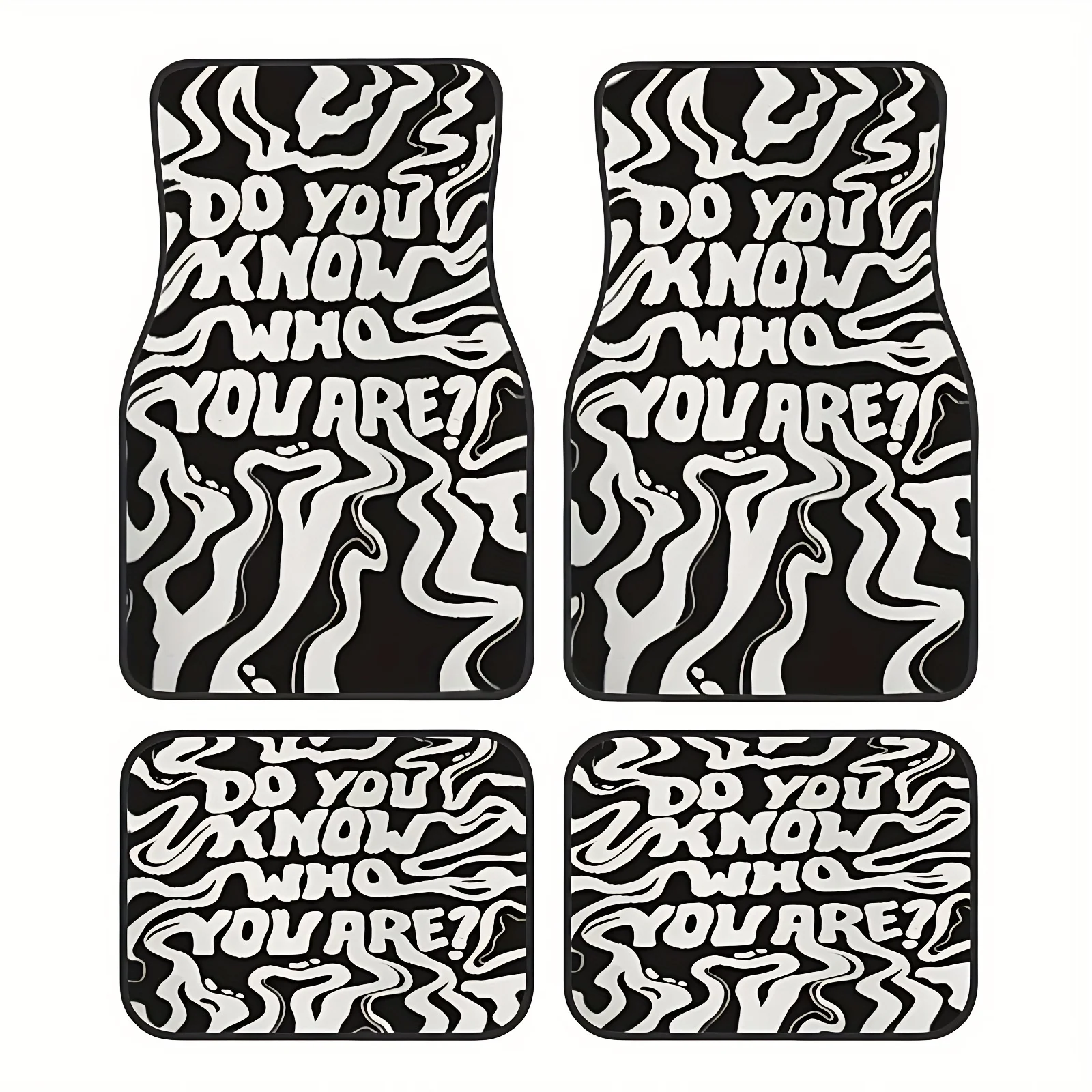 Set Of 4 Black And Striped Letter Pattern Car Mats, All-Weather, Full Protection, Easy To Clean, Durable Lining, Heavy-Duty, Car